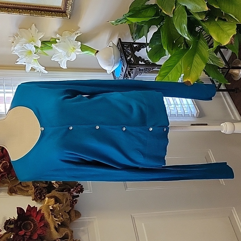 Karen Kane turquoise cardigan sweater long sleeve faceted jewel button Large EUC
